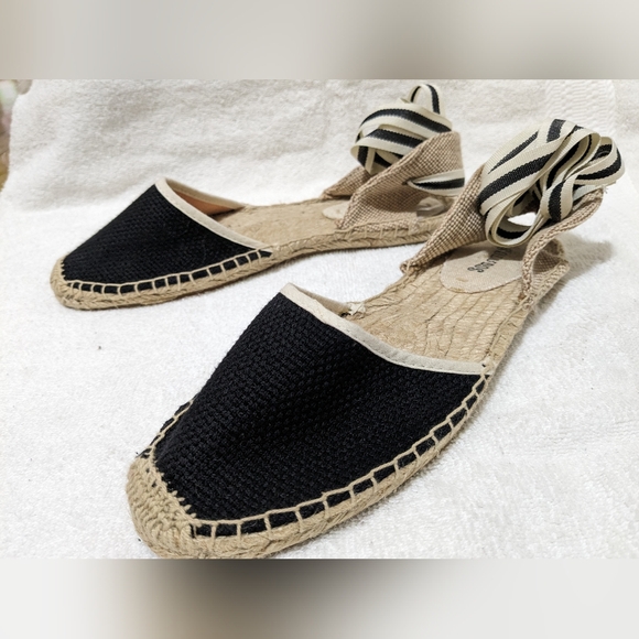 NWB Anthropologie Soludos Black and White Flat Ribbon Ankle Tie Espadrilles Sz 8 - Picture 2 of 8